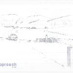 Perspective sketch of approach to rest station on the freeway. 
