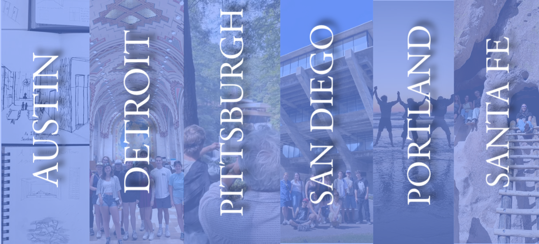 Field trip images include notebook sketches, student group in a chapel, student and professor sketching at Falling Water by architect Frank Lloyd Wright, student group in front of museum, students playing at oceanside, and students sitting in primitive dwelling.