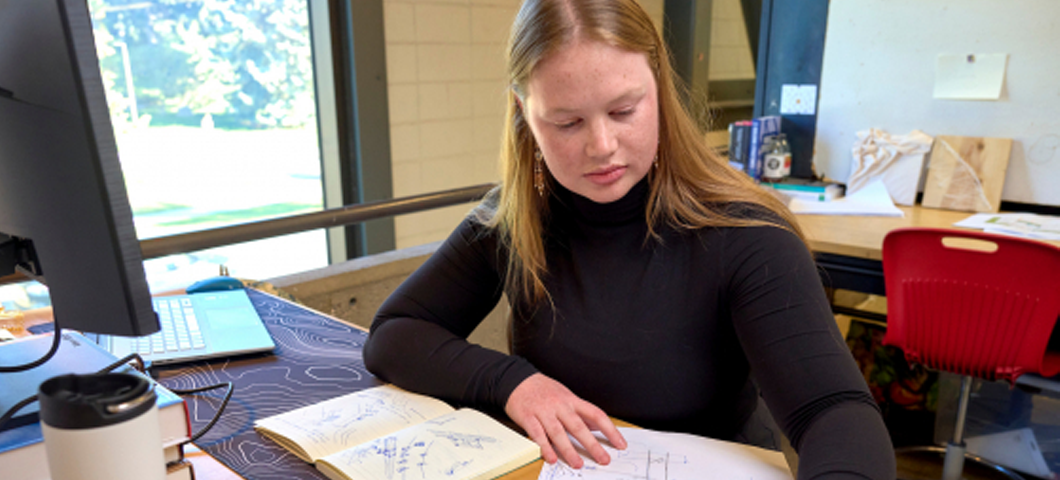Award-winning graduate student, Elena Silverman, working at her desk