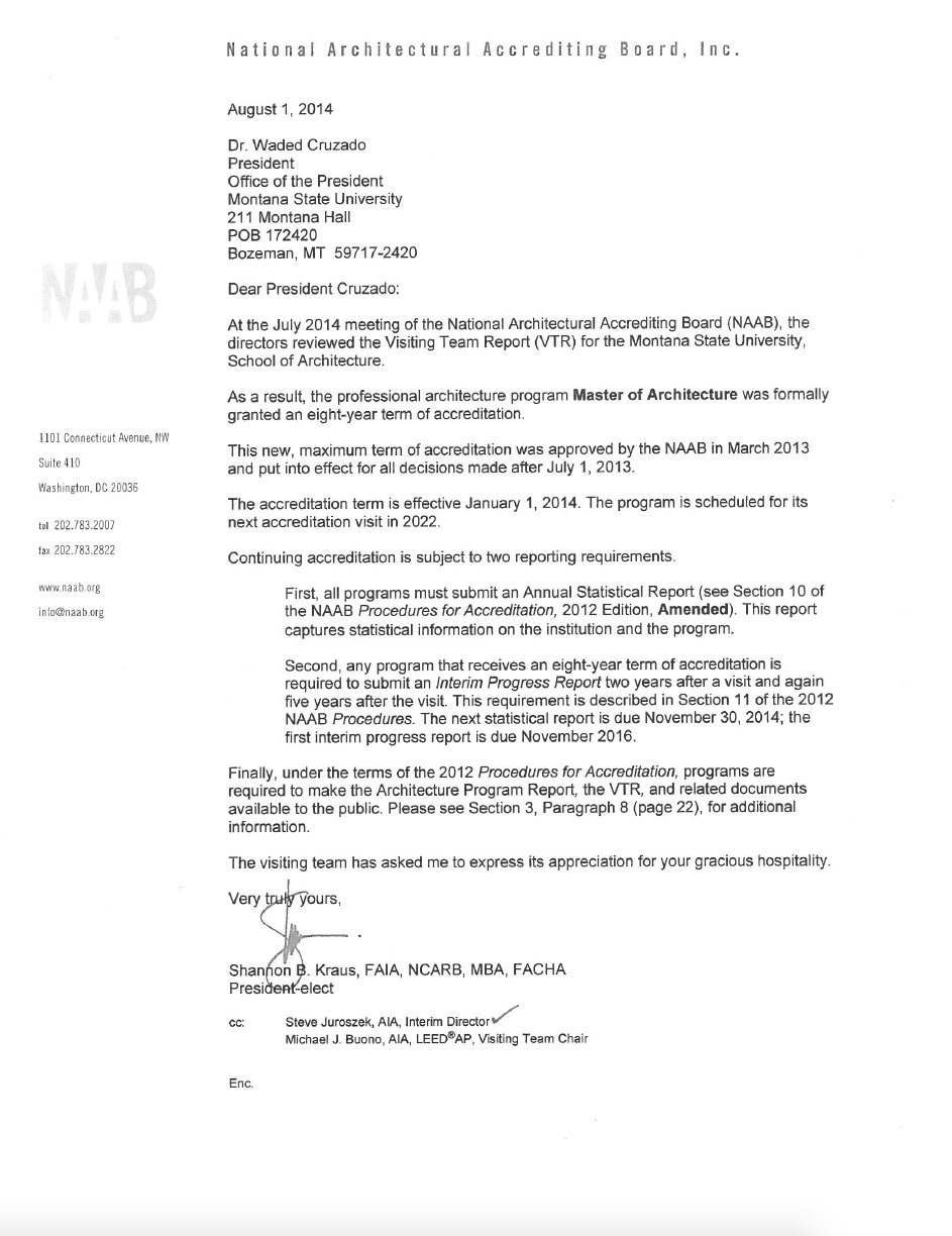 2014 NAAB Decision Letter. Text of full letter is available above. 